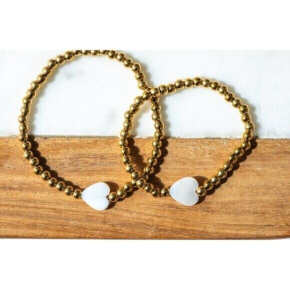 Waterproof Gold stretch bracelet Pearl Heart Stacking Bracelet Non-tarnish Gold - Picture 5 of 9